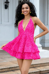 hot pink sequin halter deep V tiered ruffle homecoming dress