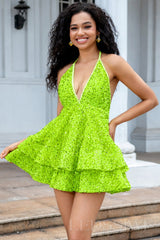 lime green sequin halter deep V tiered ruffle homecoming dress