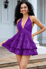 purple sequin halter deep V tiered ruffle homecoming dress