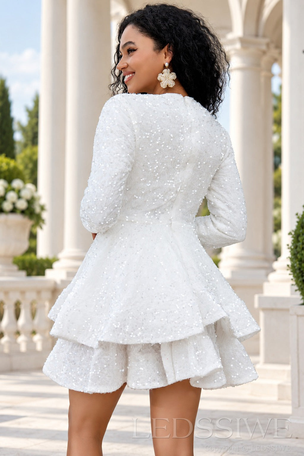 Ivory white sequin long sleeve homecoming dress fully covered zipper back