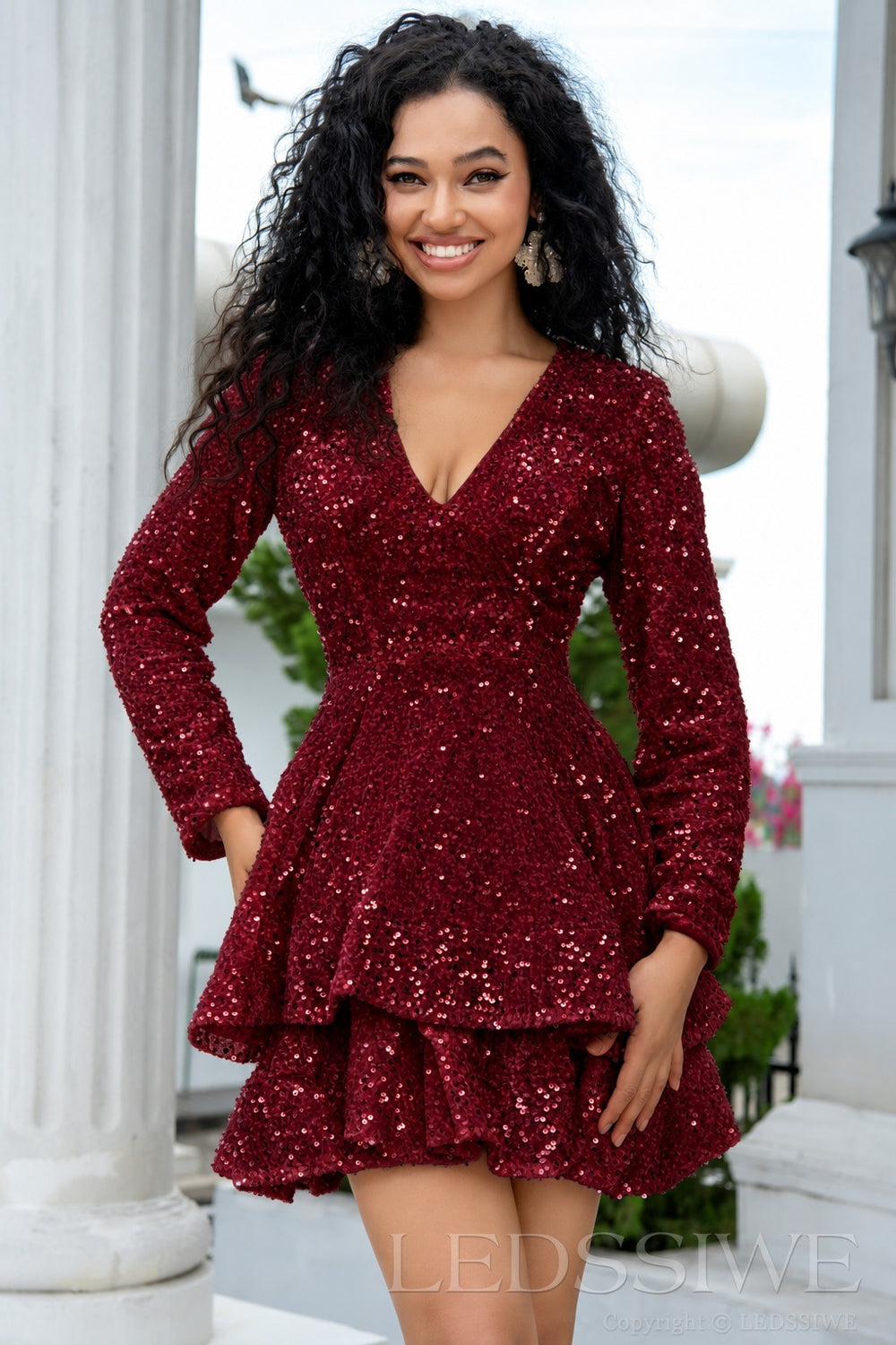 burgundy sequin long sleeve deep V tiered ruffle homecoming dress
