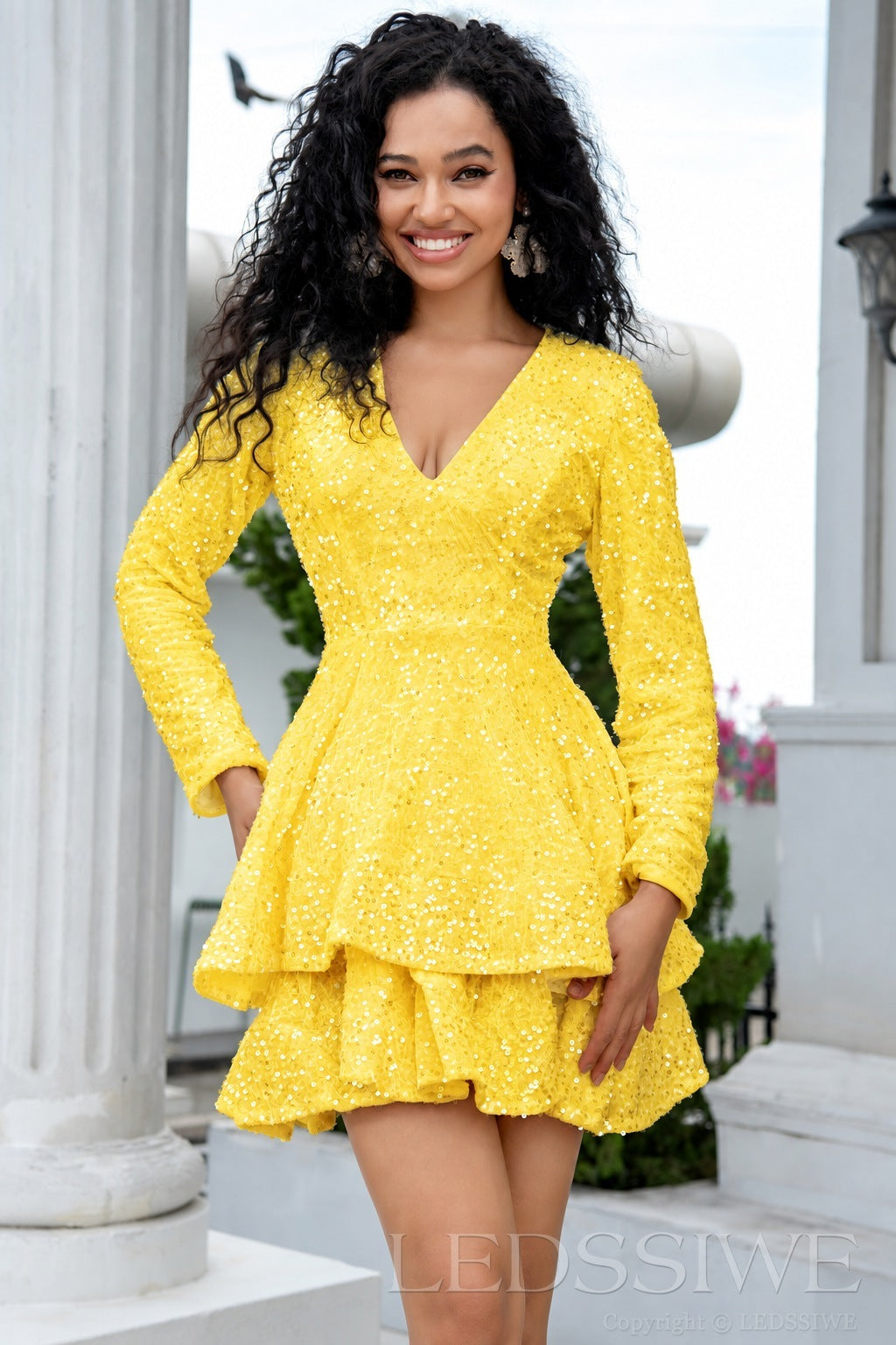 daffodil sequin long sleeve deep V tiered ruffle homecoming dress