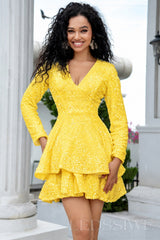 daffodil sequin long sleeve deep V tiered ruffle homecoming dress