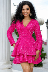 fuchsia sequin long sleeve deep V tiered ruffle homecoming dress