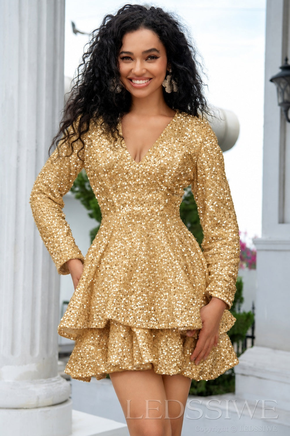 gold sequin long sleeve deep V tiered ruffle homecoming dress