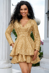 gold sequin long sleeve deep V tiered ruffle homecoming dress