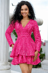 hot pink sequin long sleeve deep V tiered ruffle homecoming dress
