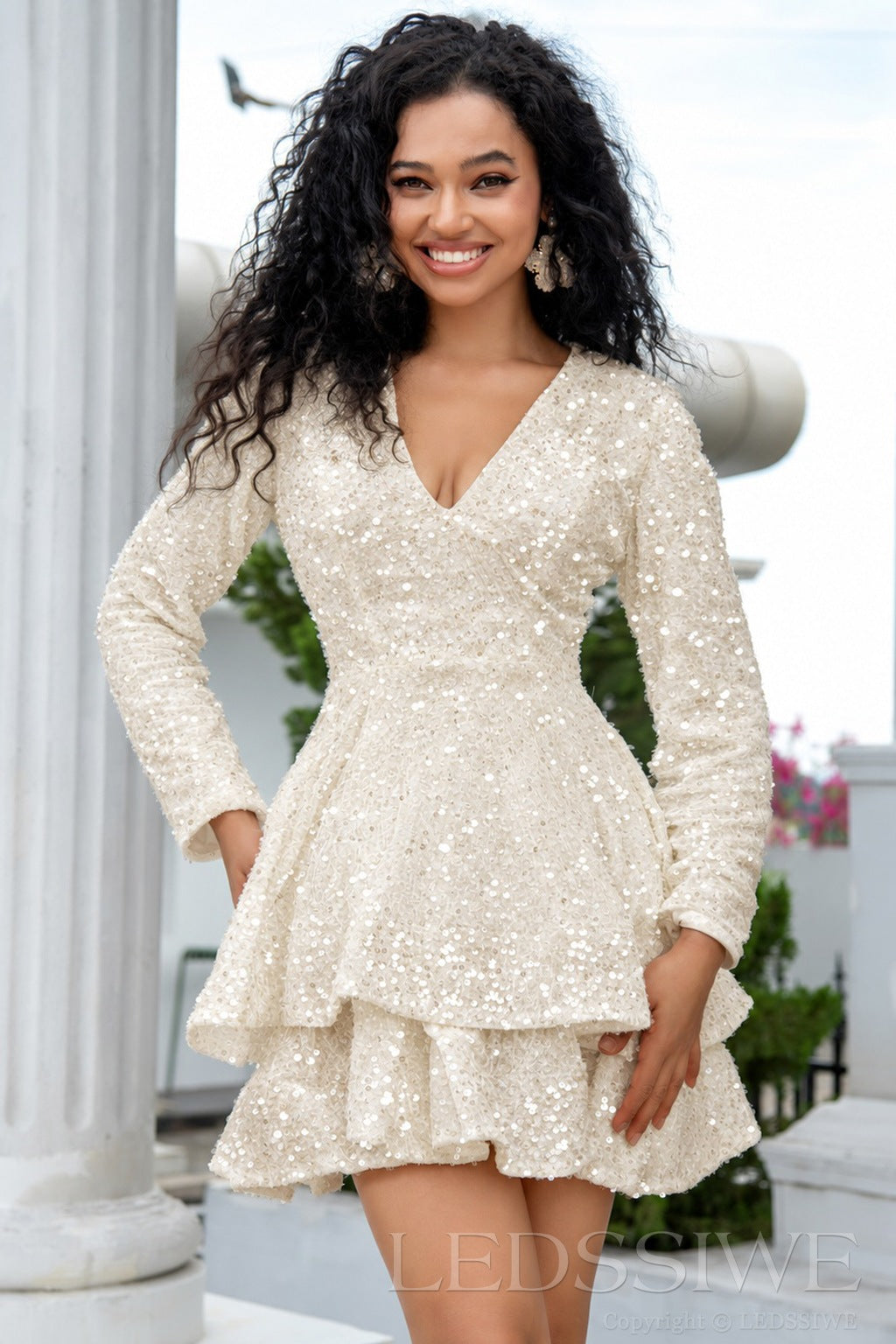 ivory sequin long sleeve deep V tiered ruffle homecoming dress