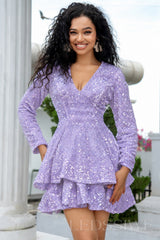 lavender sequin long sleeve deep V tiered ruffle homecoming dress