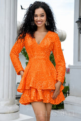 orange sequin long sleeve deep V tiered ruffle homecoming dress