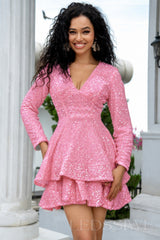 pink sequin long sleeve deep V tiered ruffle homecoming dress