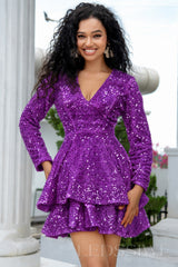 purple sequin long sleeve deep V tiered ruffle homecoming dress