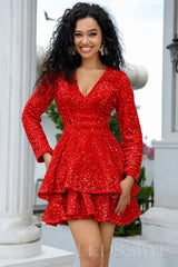 red sequin long sleeve deep V tiered ruffle homecoming dress