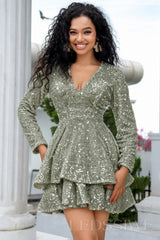 sage sequin long sleeve deep V tiered ruffle homecoming dress