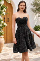 black sequin strapless sweetheart A-line short homecoming dress