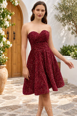 burgundy sequin strapless sweetheart A-line short homecoming dress