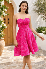 fuchsia sequin strapless sweetheart A-line short homecoming dress