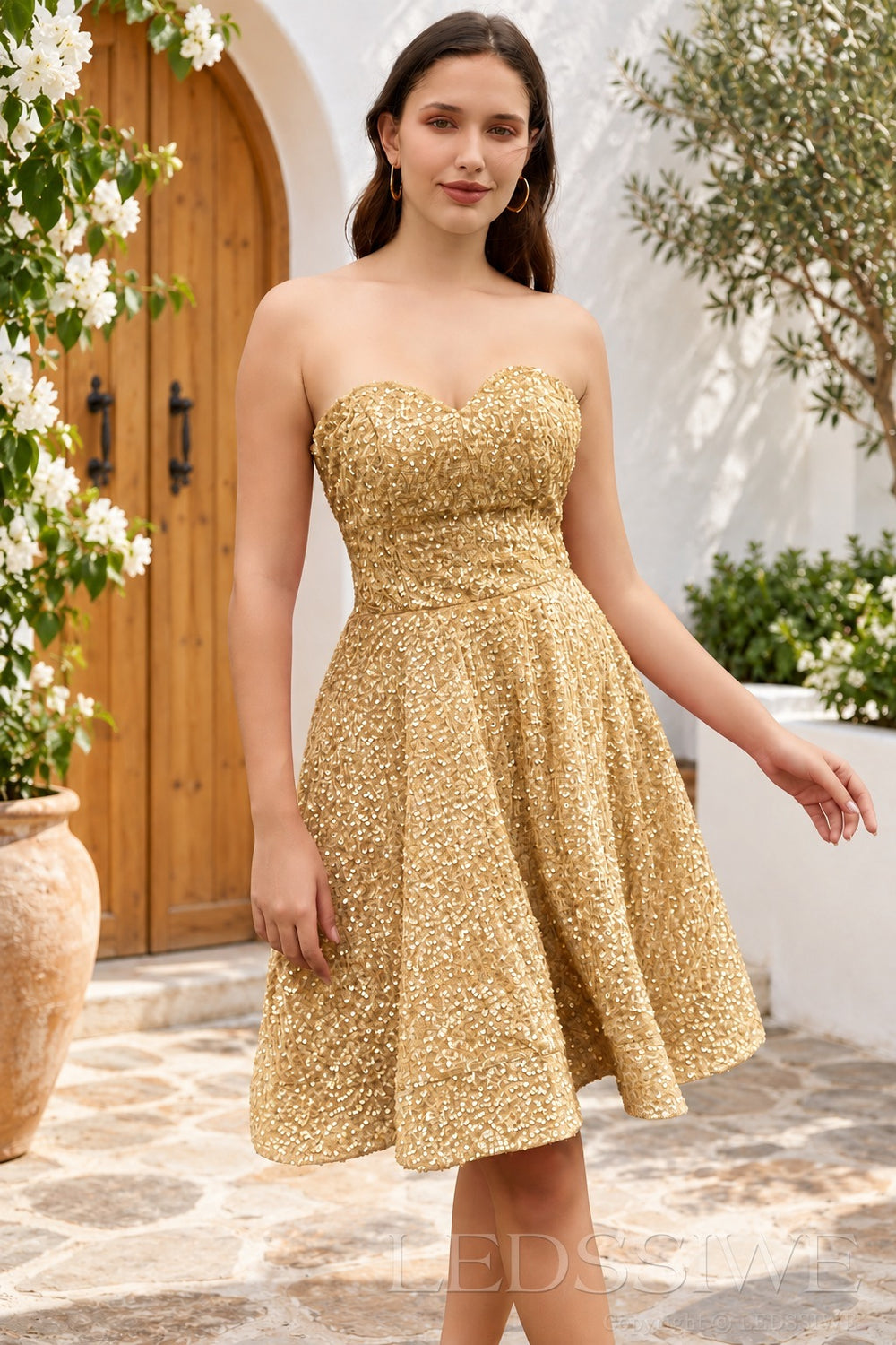 gold sequin strapless sweetheart A-line short homecoming dress