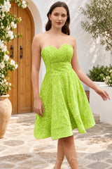 lime green sequin strapless sweetheart A-line short homecoming dress