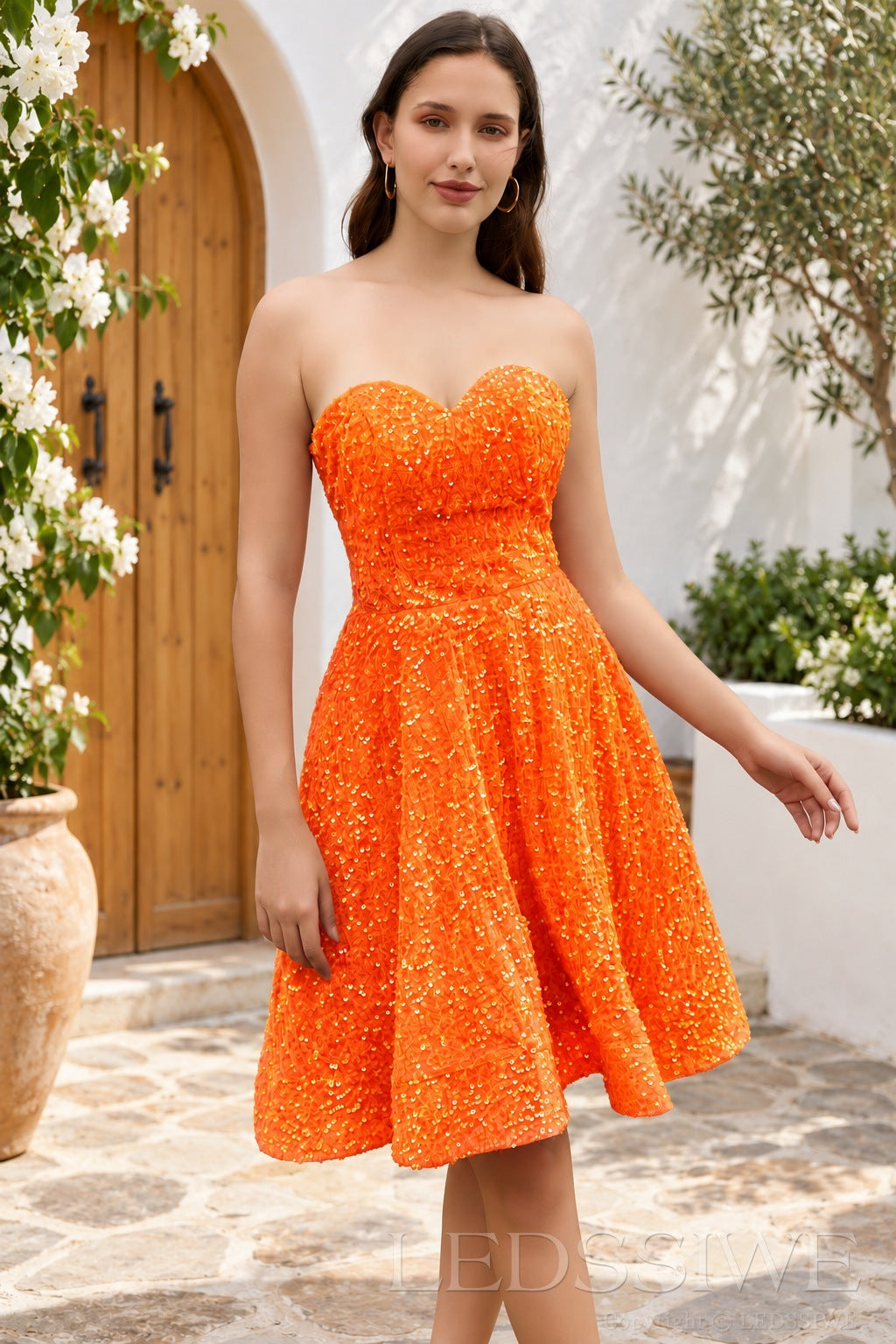 orange sequin strapless sweetheart A-line short homecoming dress