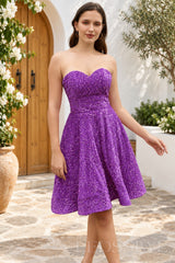 purple sequin strapless sweetheart A-line short homecoming dress