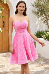 Pink sequin strapless sweetheart A-line short homecoming dress front