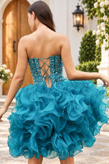 Teal beaded corset homecoming dress lace-up tie back ruffled organza skirt