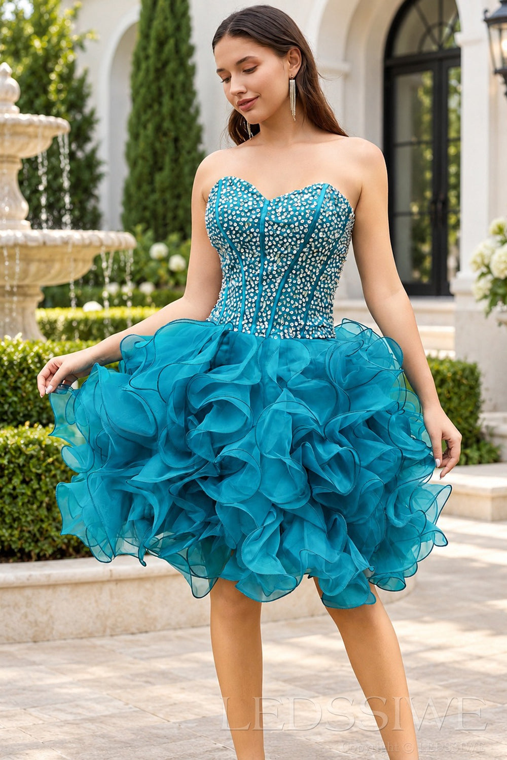 Teal strapless sweetheart beaded corset homecoming dress ruffled organza skirt front