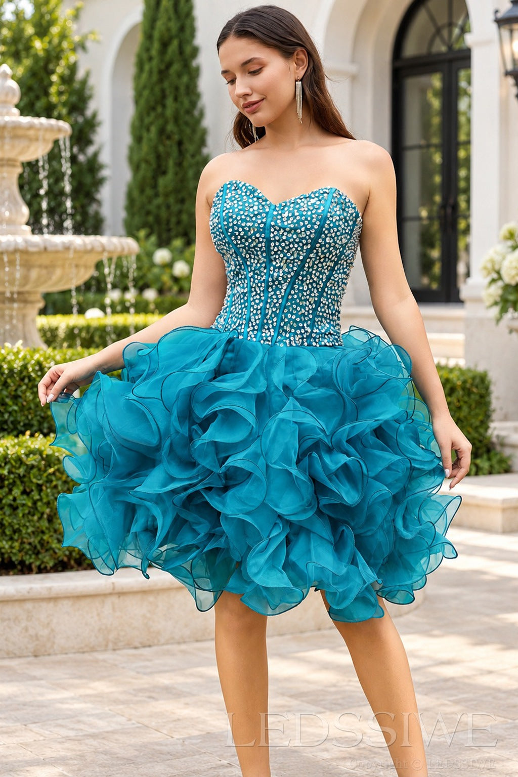 Teal strapless sweetheart beaded corset homecoming dress ruffled organza skirt front