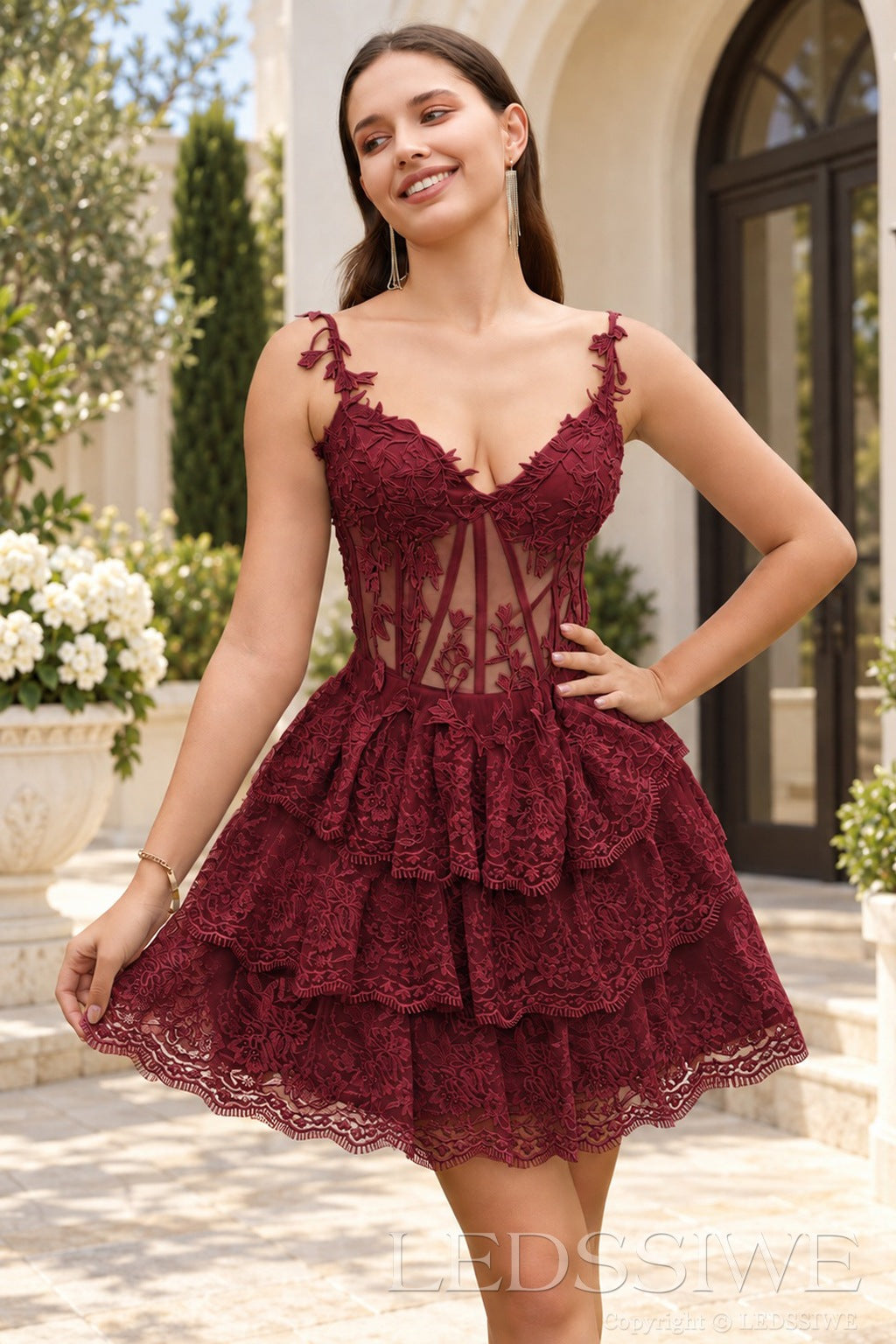 burgundy sweetheart spaghetti strap lace corset tiered A-line mini homecoming dress