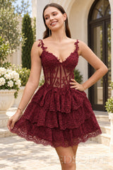 burgundy sweetheart spaghetti strap lace corset tiered A-line mini homecoming dress