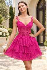 fuchsia sweetheart spaghetti strap lace corset tiered A-line mini homecoming dress