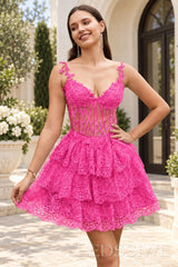 hot pink sweetheart spaghetti strap lace corset tiered A-line mini homecoming dress