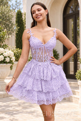 lavender sweetheart spaghetti strap lace corset tiered A-line mini homecoming dress