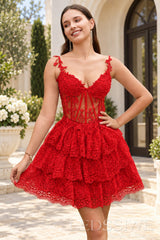 red sweetheart spaghetti strap lace corset tiered A-line mini homecoming dress