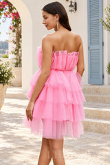 Pink strapless pleated tulle tiered ruffle mini homecoming dress back with zipper