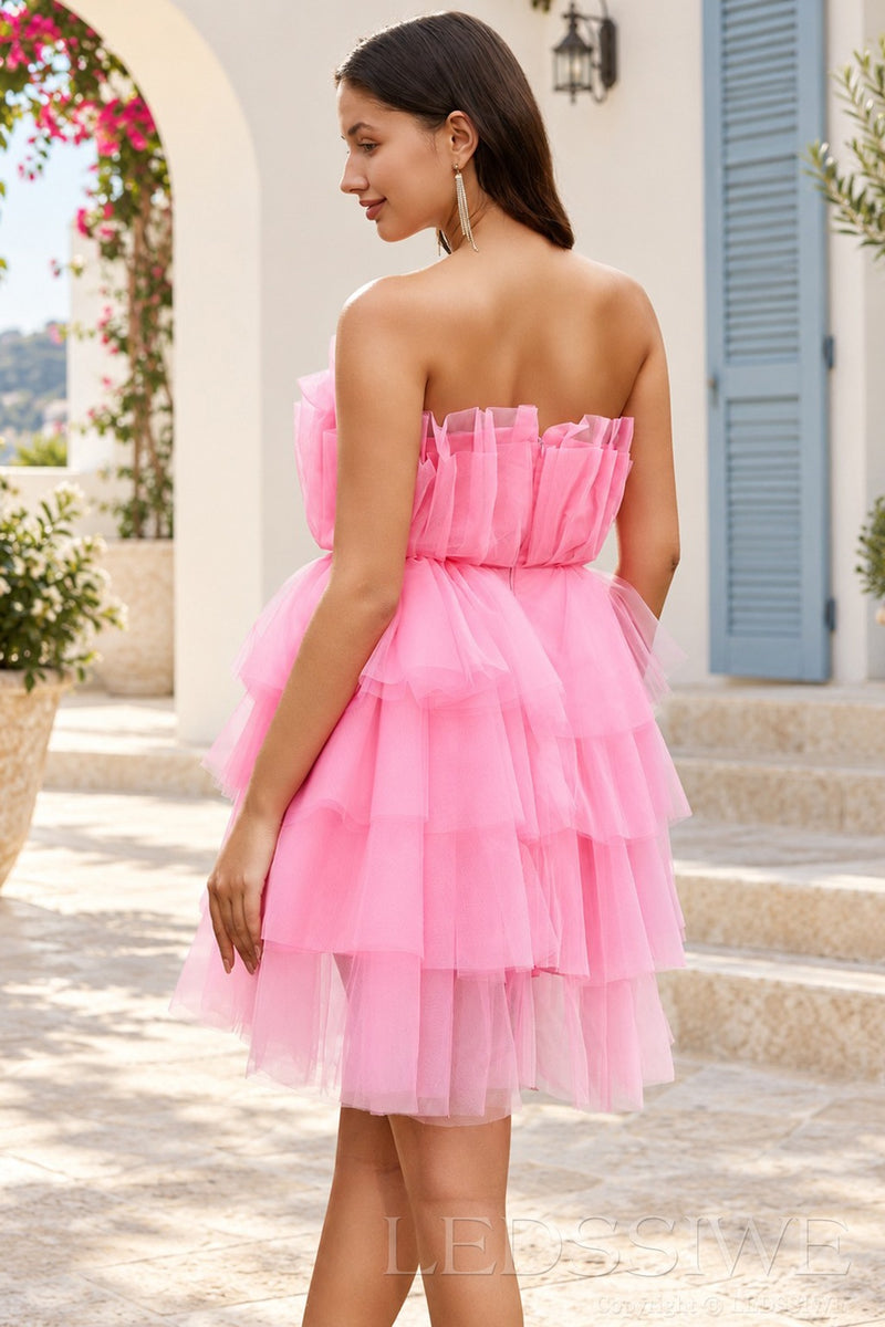 Pink strapless pleated tulle tiered ruffle mini homecoming dress back with zipper