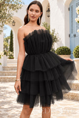 black strapless pleated tulle tiered ruffle A-line mini homecoming dress