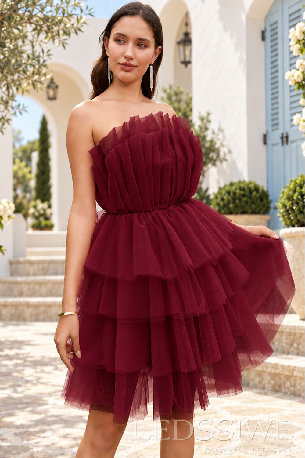 burgundy strapless pleated tulle tiered ruffle A-line mini homecoming dress