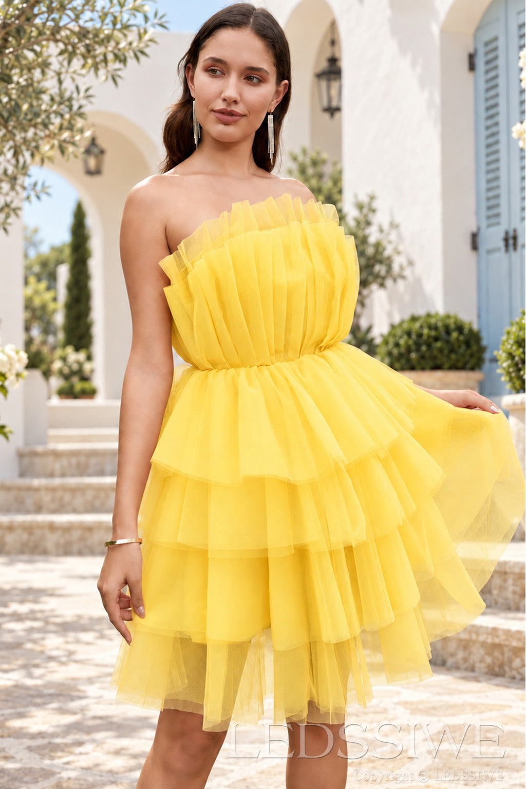 daffodil strapless pleated tulle tiered ruffle A-line mini homecoming dress
