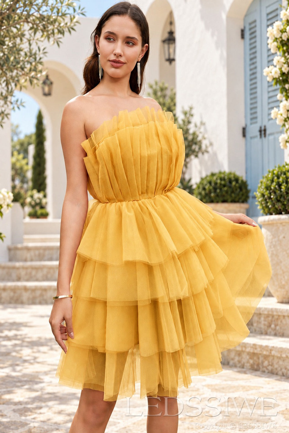 gold strapless pleated tulle tiered ruffle A-line mini homecoming dress