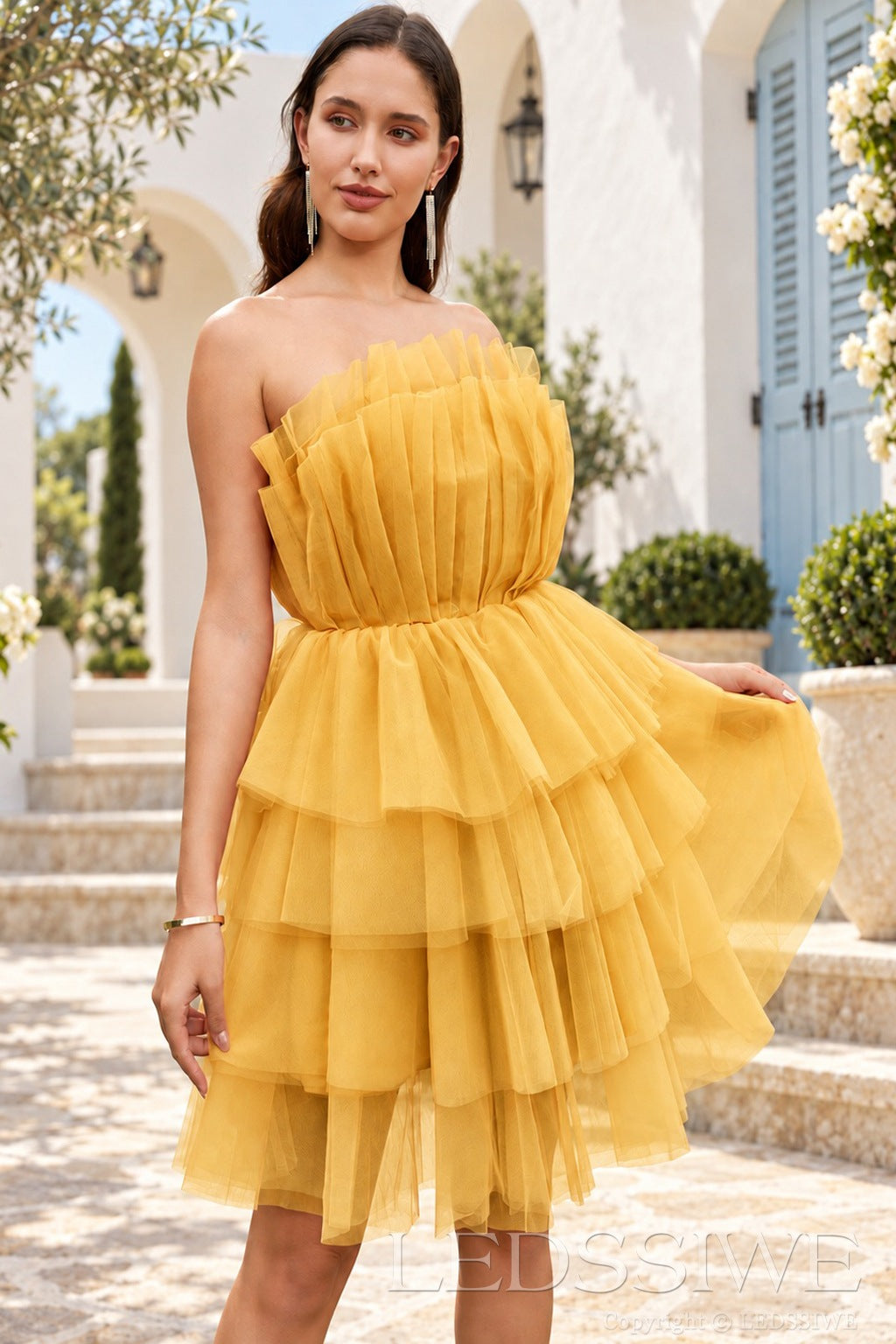 gold strapless pleated tulle tiered ruffle A-line mini homecoming dress