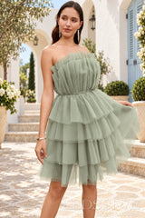 sage strapless pleated tulle tiered ruffle A-line mini homecoming dress