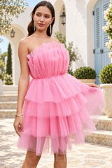 Pink strapless pleated tulle tiered ruffle A-line mini homecoming dress front