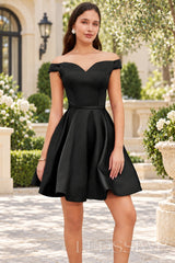black off the shoulder satin a-line lace-up back homecoming dress