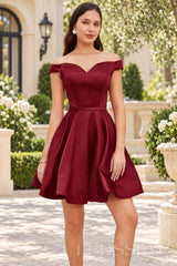 burgundy off the shoulder satin a-line lace-up back homecoming dress