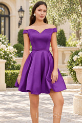 purple off the shoulder satin a-line lace-up back homecoming dress