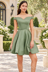 sage off the shoulder satin a-line lace-up back homecoming dress
