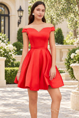 red off the shoulder satin a-line lace-up back homecoming dress front