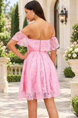 pink off the shoulder sweetheart lace a-line homecoming dress open zipper back